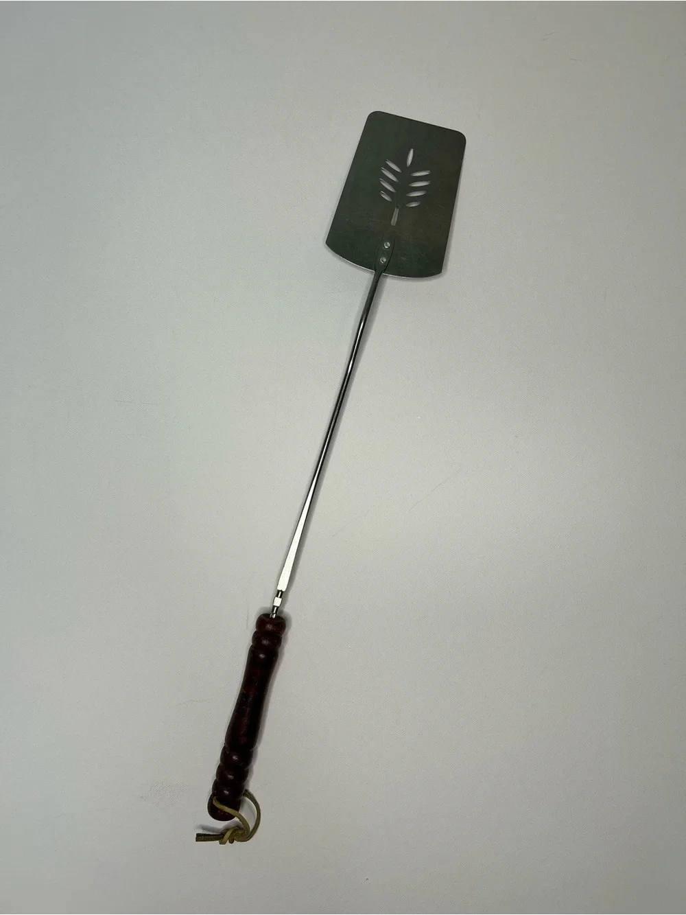 Vintage Long Handle BBQ Grill Spatula Slotted Metal Wheat Pattern Wood Handle
